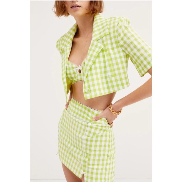 NWT For Love & Lemons Green Gingham Checkered Maureen Mini Skirt size medium - Picture 1 of 12